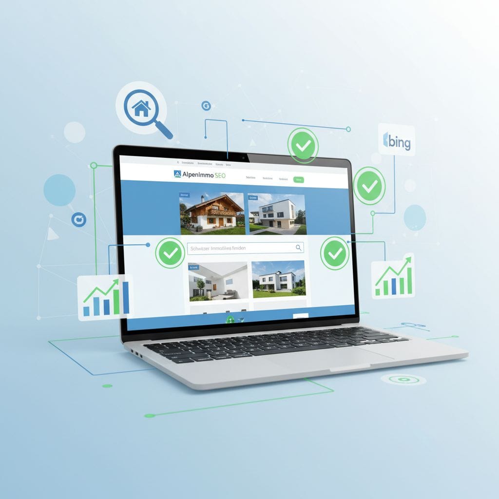 Moderne Immobilien-Website mit SEO-Optimierungen und digitalen Marketing-Symbolen"