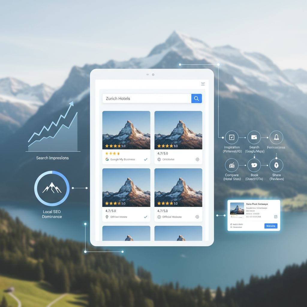 SEO für Schweizer Tourismus Digitale Buchungs-Journey Illustration zeigt Schweizer Hotelsuche mit Google My Business Profil, Bewertungssystem, Buchungsoptionen und Berglandschaften"