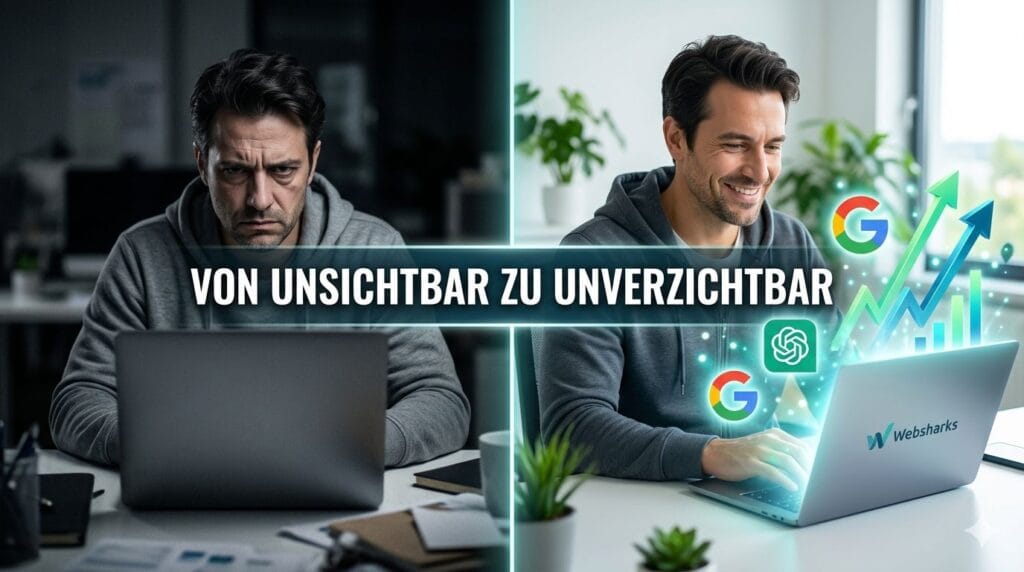 Zweigeteiltes Bild: Links ein frustrierter Unternehmer ohne Online-Sichtbarkeit, rechts ein erfolgreicher Unternehmer mit leuchtenden Google- und KI-Icons, das professionelle SEO Dienstleistungen Schweiz symbolisiert.