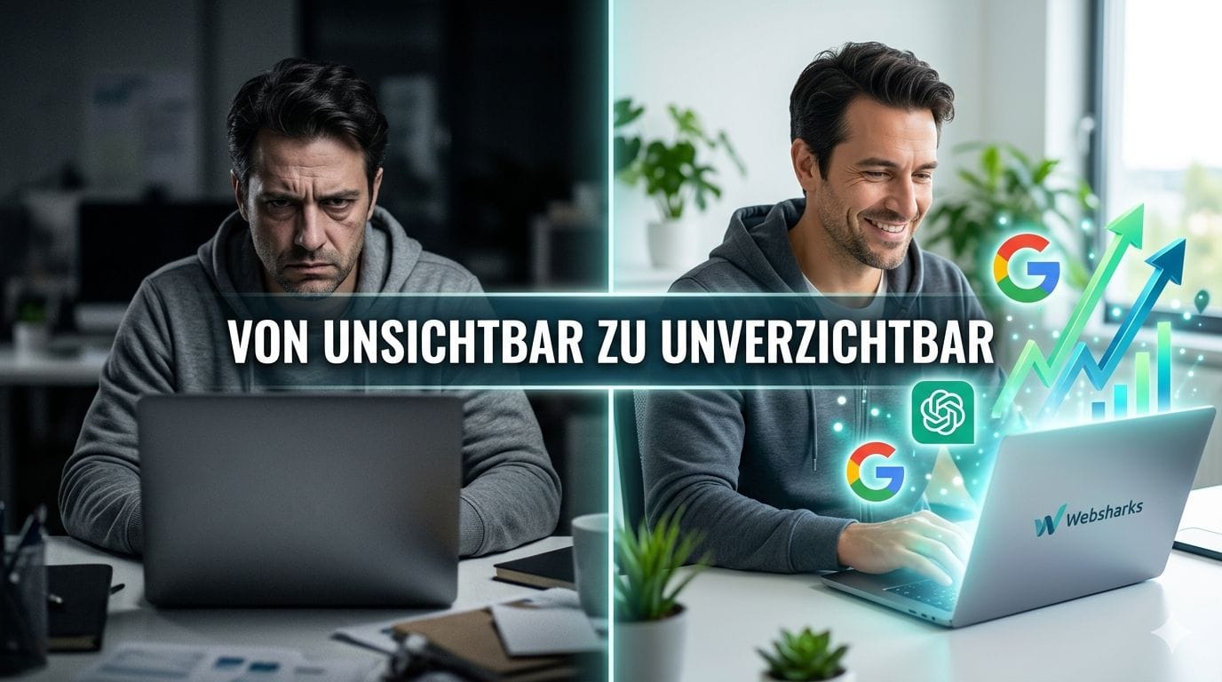 Zweigeteiltes Bild: Links ein frustrierter Unternehmer ohne Online-Sichtbarkeit, rechts ein erfolgreicher Unternehmer mit leuchtenden Google- und KI-Icons, das professionelle SEO Dienstleistungen Schweiz symbolisiert.