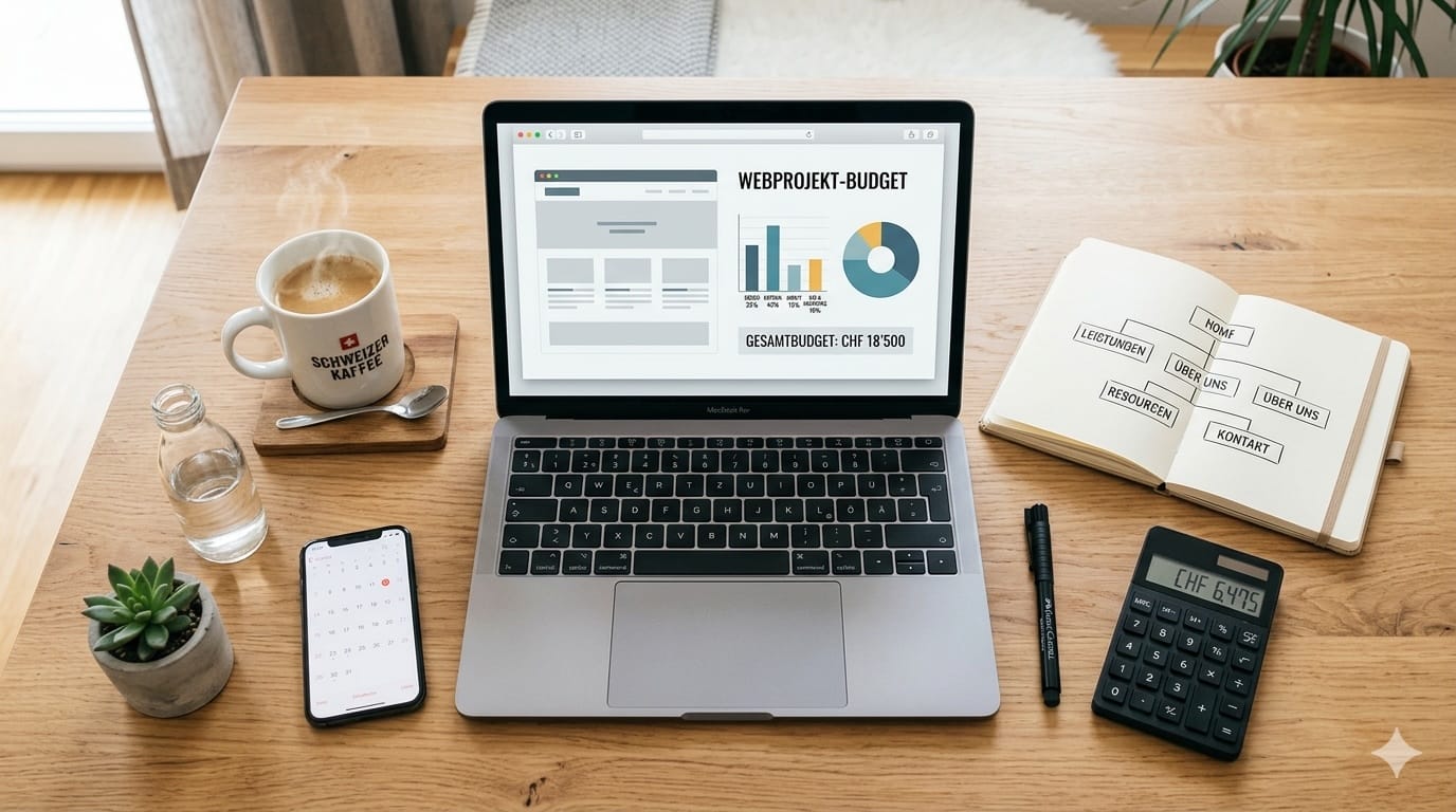 Transparente Übersicht der Website Kosten Schweiz 2026: Laptop mit Webdesign-Layout und Taschenrechner zur Budgetplanung für KMU.