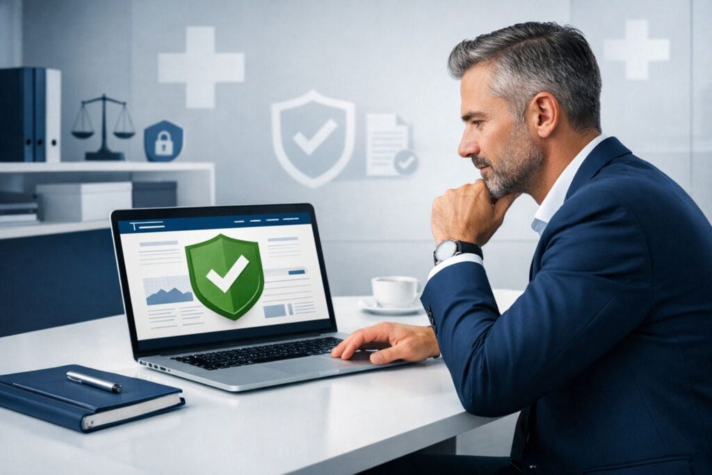 nDSG Website Schweiz – Schweizer KMU-Inhaber prüft die Datenschutzkonformität seiner Website