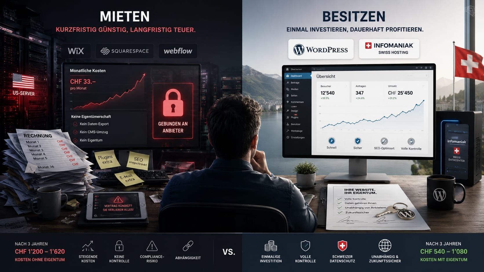 Vergleich zwischen WordPress Agentur Schweiz und Website-Baukästen wie Wix oder Squarespace für Schweizer Unternehmen.
